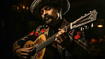 messicano mariachi musicista giocando chitarra nel nero sfondo. foto