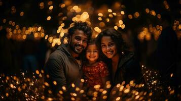 indiano famiglia a Diwali Festival. madre, padre e figlia avendo divertimento insieme. foto