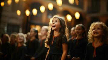 bambini cantare insieme nel il coro su talento mostrare. foto