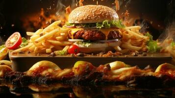 Hamburger con patatine fritte e verdure su fuoco sfondo, avvicinamento foto