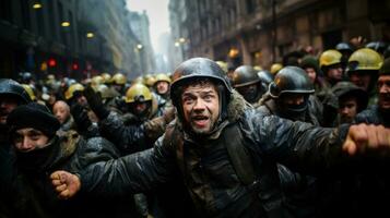 gruppo di manifestanti protestare nel il città. umano diritti rally e giustizia guerriero concetto. foto