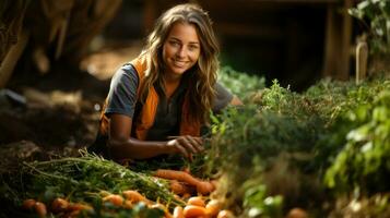 ritratto di sorridente giovane donna raccolta fresco carote nel sua verdura giardino. foto