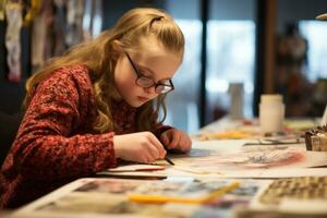 ragazza, un' ragazzo con giù sindrome, appassionatamente vernici un' immagine. il poco artista lavori su sua opere d'arte. infanzia autismo. Aiuto per bambini con giù sindrome. ai generato foto