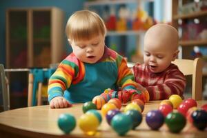 bambini ragazzi con giù sindrome giocando insieme nel un' colorato stanza dei giochi. gioia e cameratismo. gli amici. infanzia autismo. formazione scolastica di bambini con disabilità. bambini con giù sindrome ai generato foto