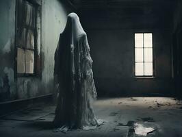 pauroso fantasma donna nel frequentato abbandonato Casa, Halloween sfondo, ai generato foto