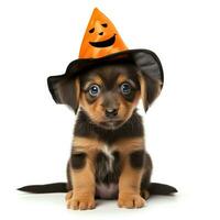 carino cucciolo cane indossare Halloween cappello, isolato su bianca sfondo, ai generato foto