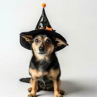 carino cucciolo cane indossare Halloween cappello, isolato su bianca sfondo, ai generato foto