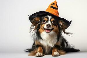 carino cucciolo cane indossare Halloween cappello, isolato su bianca sfondo, ai generato foto