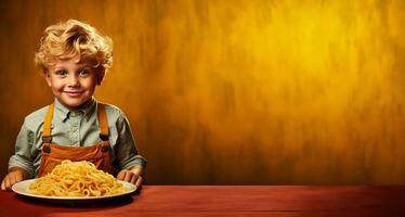 giovane bambino godendo pasta cena a italiano ristorante isolato su un' pendenza sfondo foto