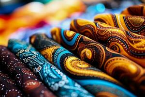 dettagliato vicino su scatti di vivace batik tessuto modelli su tessile sfondi foto