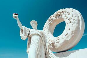 marmo antico donna greco statua mangia ciambella nel il futuristico città foto