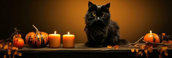 affascinante Halloween centrotavola con nero gatto candela isolato su un' pendenza sfondo foto