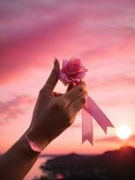 un' donna mano Tenere un' rosa nastro con un' sfondo di rosa cielo foto