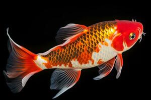 piccolo luminosa colorato koi pesce isolato nero sfondo generativo ai foto