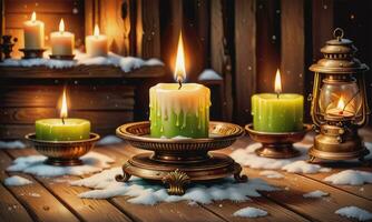 ardente candela Natale decorazione su di legno sfondo nel caduta neve e sfocato luci sfondo foto