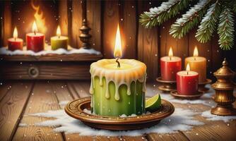 ardente candela Natale decorazione su di legno sfondo foto