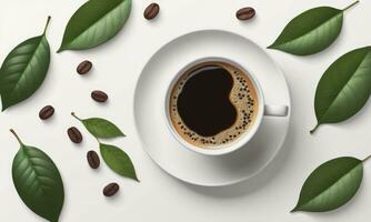 tazza di nero caffè verde le foglie e fagioli su bianca sfondo foto