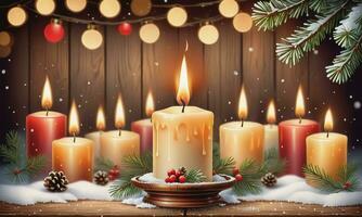 ardente candela Natale decorazione su di legno sfondo nel caduta neve e sfocato luci sfondo foto
