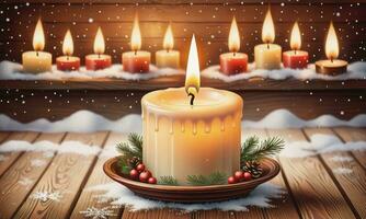 ardente candela Natale decorazione su di legno sfondo foto