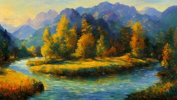 fiume e montagna nel primavera tempo artistico pittura sfondo impressionismo foto