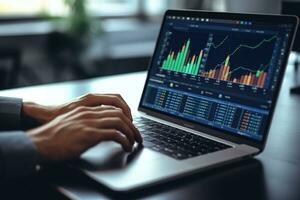 Infografica con grafici e diagrammi su il computer portatile schermo. generativo ai foto