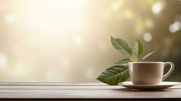 caffè tazza su di legno tavolo con sfocato natura, Prodotto Schermo sfondo, ai generativo foto