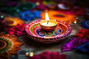 contento diwali. argilla diya lampade durante Diwali celebrazione, indù Festival di luci celebrazione. ai generativo foto