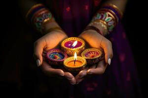 donna mani con alcanna Tenere colorato argilla diya lampade illuminato durante Diwali celebrazione. ai generativo foto