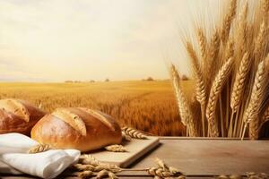 Grano campo con Grano pane e pasticcini nel il primo piano. ai generativo foto