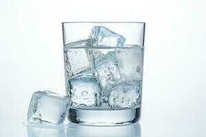 bicchiere con puro acqua e ghiaccio su un' bianca sfondo. ai generativo foto