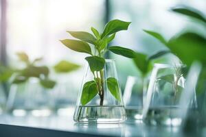 pianta ricerca, verde pianta nel un' bicchiere vaso nel un' laboratorio. ecologico allevamento e pianta sviluppo. foto