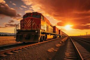 carico treno a tramonto. internazionale treno trasporto foto