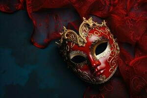 festivo veneziano carnevale maschera con oro decorazioni su rosso sfondo. generativo ai foto