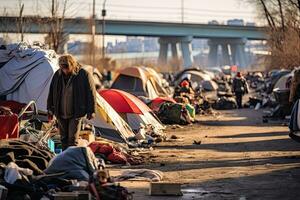 senza casa persone su il strada, senza casa e nel povertà nel un' tenda città, ai generato foto