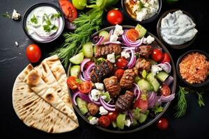 greco insalata con grigliato carne, verdure e tzatziki salsa, greco cibo sfondo. meze, giroscopi, souvlaki, pesce, Pita, greco insalata, tzatziki, assortimento di feta, ai generato foto