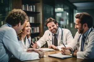 gruppo di medici discutere qualcosa mentre seduta a il tavolo nel il ufficio, gruppo di contento medici incontro a ospedale ufficio, ai generato foto