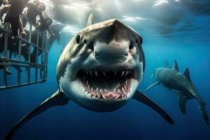 grande bianca squalo carcharodon carcharias nel blu oceano, grande bianca squalo mostrando suo denti nel davanti di diversi nel un' immersione gabbia, ai generato foto