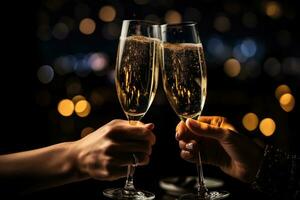 vicino su di Due mani tintinnante bicchieri di Champagne con bokeh sfondo, mani di coppia con flauti di Champagne e loro amici con Bengala luci, ai generato foto