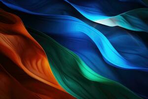 astratto colorato sfondo con liscio ondulato Linee nel blu, arancia e verde colori, indiano bandiera colori Tech sfondo, ai generato foto