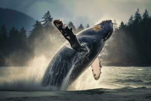 gobba balena spruzzi acqua nel il Pacifico oceano, alaska, gobba balena salto su di il acqua, ai generato foto