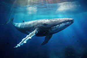 gobba balena nel il in profondità blu oceano. subacqueo scena, gobba balena nuoto nel in profondità blu oceano. subacqueo fotografia, ai generato foto