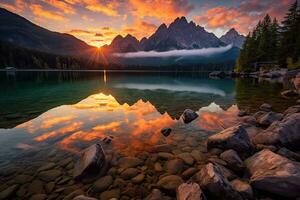 bellissimo Alba al di sopra di strbske per favore lago, slovacchia, degno di nota estate Alba su Eibsee lago con zugspitze montagna gamma, ai generato foto