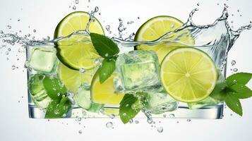 un' Immagine di Mojito con ghiaccio cubi e menta le foglie nel acqua spruzzo su leggero sfondo generativo ai foto