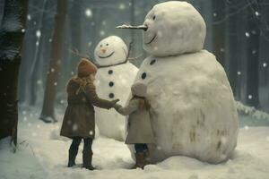 creativo ragazza giocare grande pupazzo di neve. creare ai foto