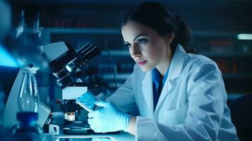 femmina scienziato meticolosamente studi un' di recente scoperto virus nel un' laboratorio usi High Tech strumenti e microscopio per impedire il epidemico e trova un' vaccino foto