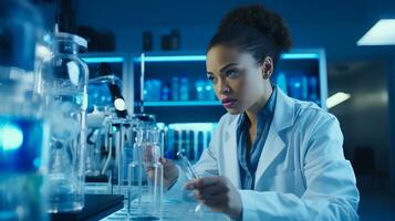 nero femmina scienziato, immersa nel sua laboratorio, conduce bordo tagliente ricerca su un' nuovo virus, usi Avanzate scientifico strumenti e tecnologia per rendere scoperta di un' nuovo vaccino foto