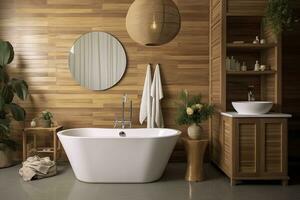 interno di elegante bagno con di legno mobiletto, lavello, vasca da bagno, e specchio. ai generato foto