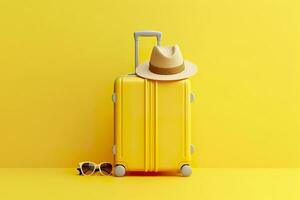 giallo valigia con sole bicchieri e cappello su giallo sfondo. viaggio concetto. generativo ai foto
