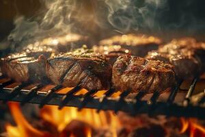 carne grigliate su un' carbone griglia con Fumo in aumento. ai generato foto