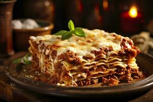 tradizionale italiano cibo lasagne con carne salsa. ai generato foto